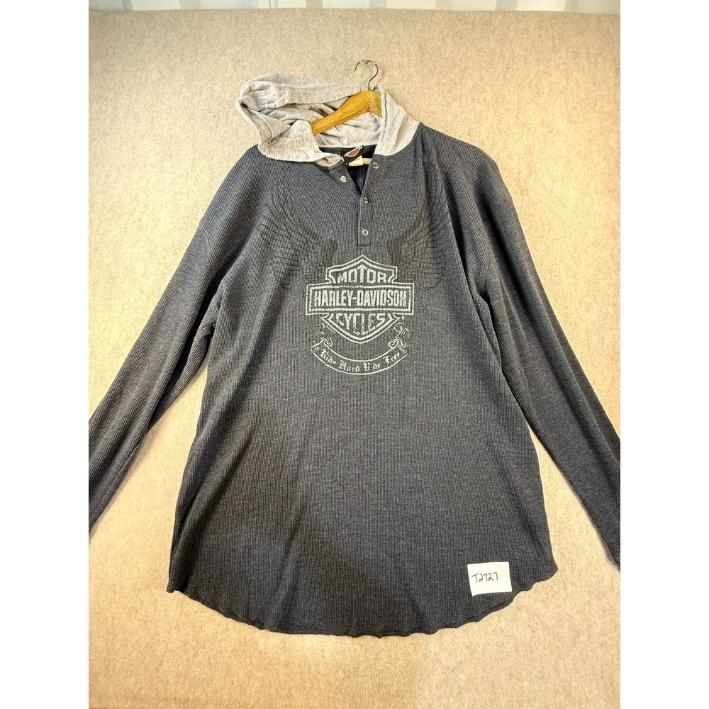 Harley-Davidson Mens XL Waffle Knit Henley Hoodie Gray Thermal Barnett El Paso